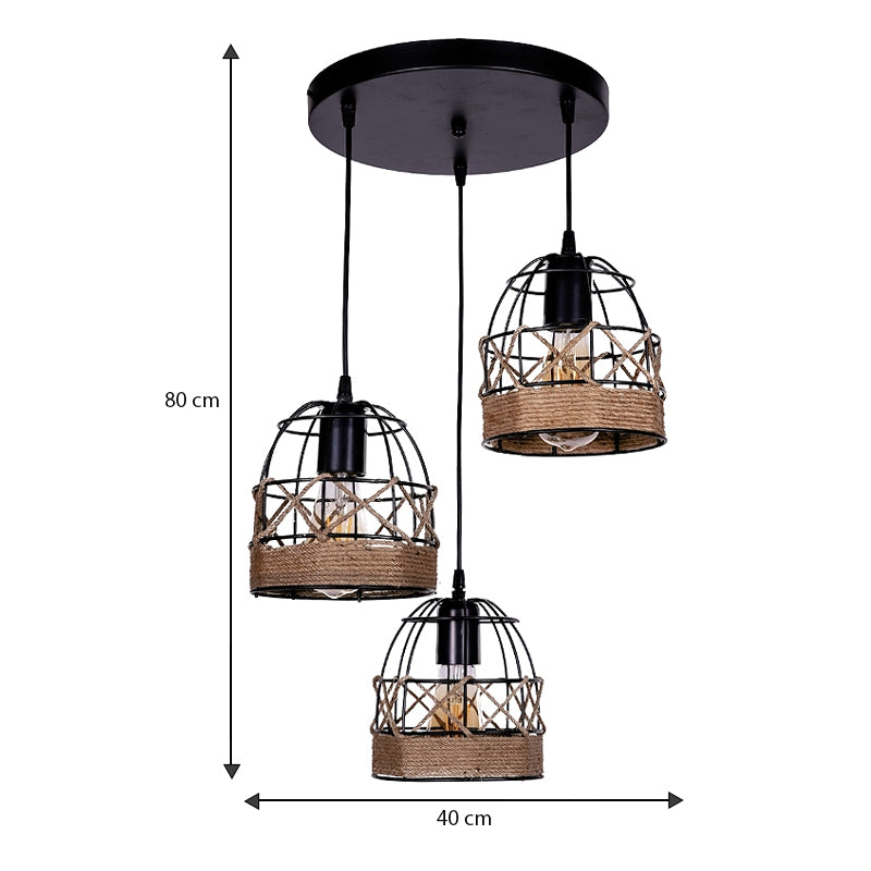 Φωτιστικό οροφής Lino  E27 μεταλλικό - σχοινί τρίφωτο χρώμα μαύρο 40x40x80εκ.