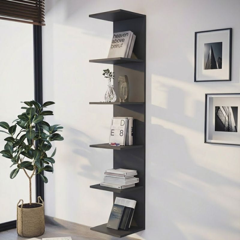 Βιβλιοθήκη - Ραφιέρα τοίχου Ogden  χρώμα ανθρακί 34,5x30x180εκ. - Pakobazaar