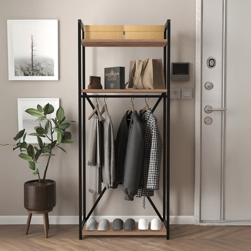 Έπιπλο εισόδου - Κρεμάστρα Zula  μεταλλική - μελαμίνης χρώμα μαύρο - pine oak 66x30x160εκ. - Pakobazaar