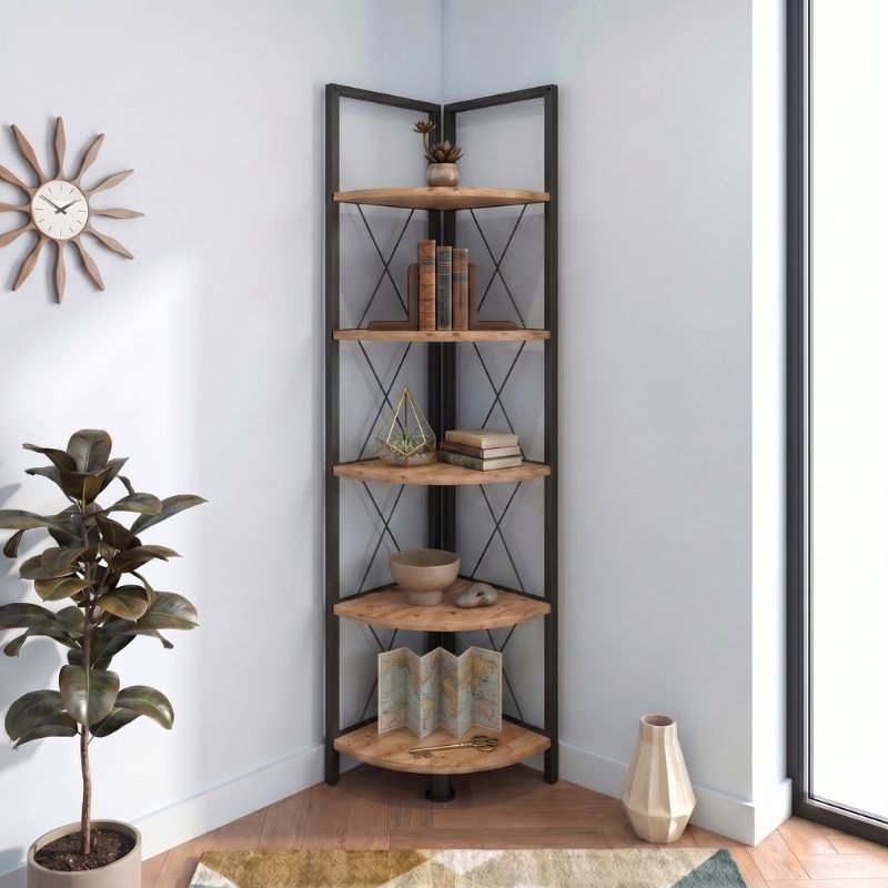 Βιβλιοθήκη γωνιακή Kelsie  χρώμα μαύρο - pine oak 33x33x162εκ. - Pakobazaar