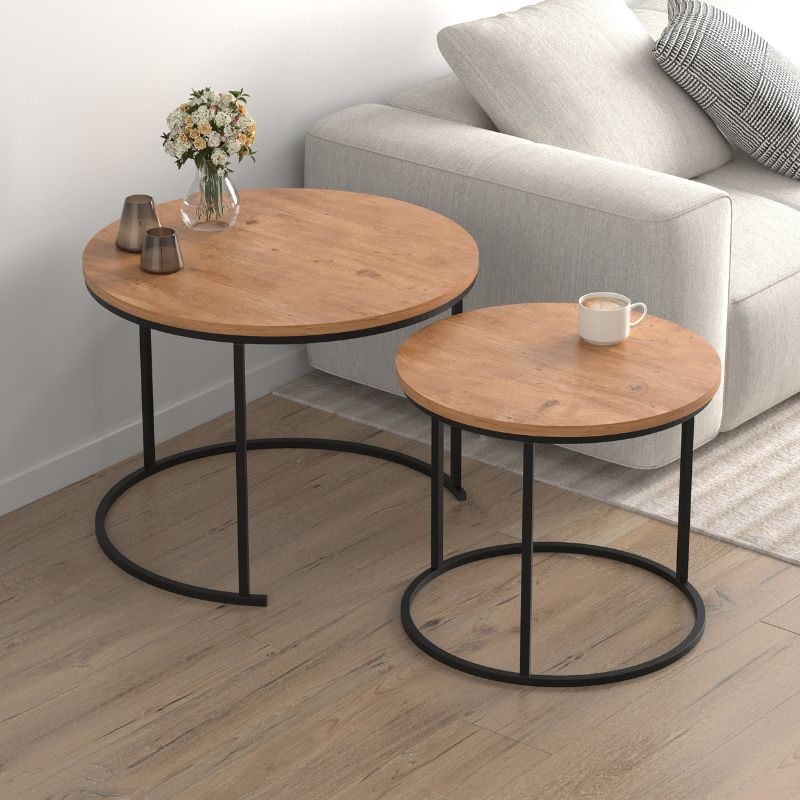 Τραπεζάκι σαλονιού σετ 2 τμχ Hilal  χρώμα pine oak Ø66x49,5εκ.