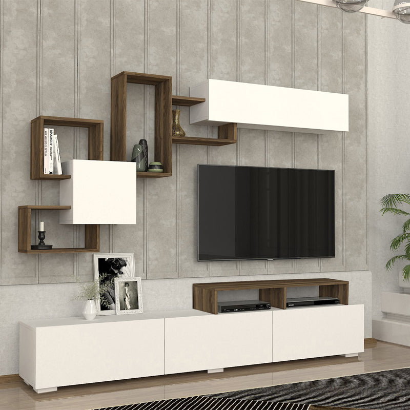 Σύνθεση τηλεόρασης Stamatia  χρώμα λευκό - καρυδί 210x36,8x46,8εκ. - Pakobazaar