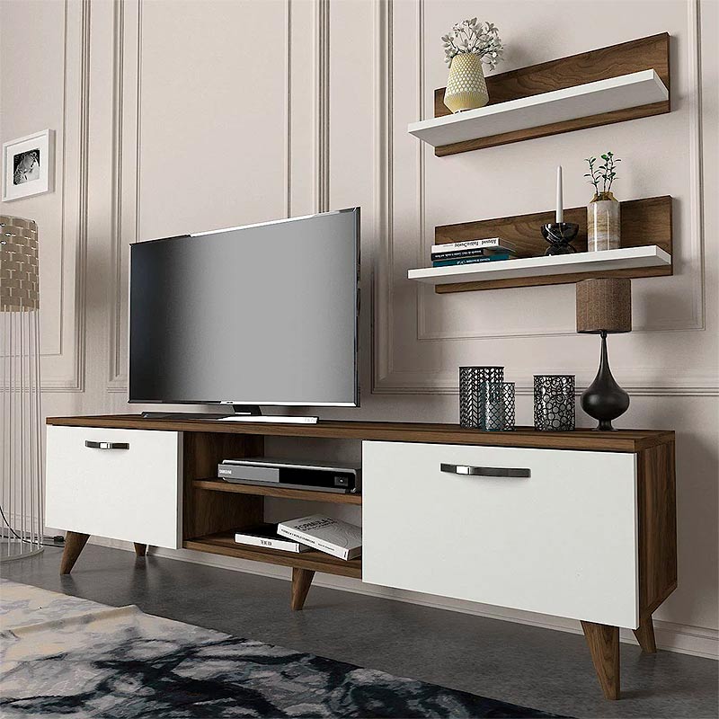 Έπιπλο τηλεόρασης Colin  χρώμα λευκό - καρυδί 150x29,5x40,6εκ.