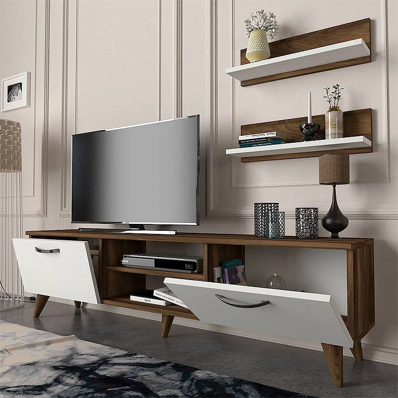 Έπιπλο τηλεόρασης Colin  χρώμα λευκό - καρυδί 150x29,5x40,6εκ.