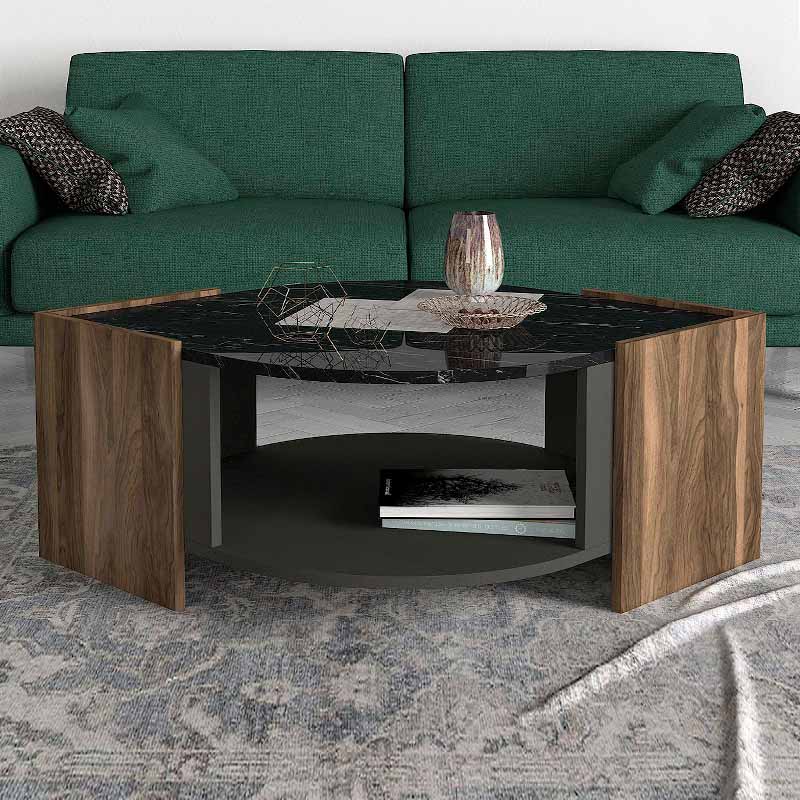 Τραπεζάκι σαλονιού Marbel  χρώμα καρυδί - μαύρο εφέ μαρμάρου 75x75x40εκ. - Pakobazaar