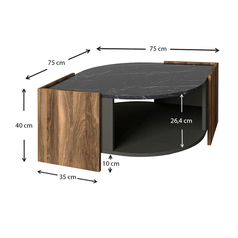Τραπεζάκι σαλονιού Marbel  χρώμα καρυδί - μαύρο εφέ μαρμάρου 75x75x40εκ. - Pakobazaar