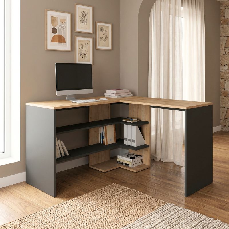 Γραφείο εργασίας Stylo  χρώμα sapphire oak -  ανθρακί 120x120x73,8εκ. - Pakobazaar