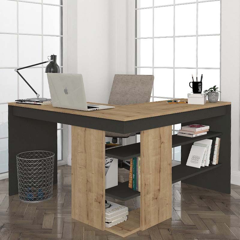 Γραφείο εργασίας Stylo  χρώμα sapphire oak -  ανθρακί 120x120x73,8εκ. - Pakobazaar