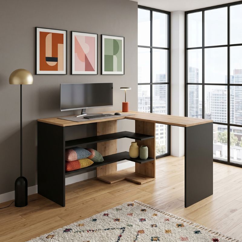 Γραφείο εργασίας Stylo  χρώμα sapphire oak -  ανθρακί 120x120x73,8εκ. - Pakobazaar
