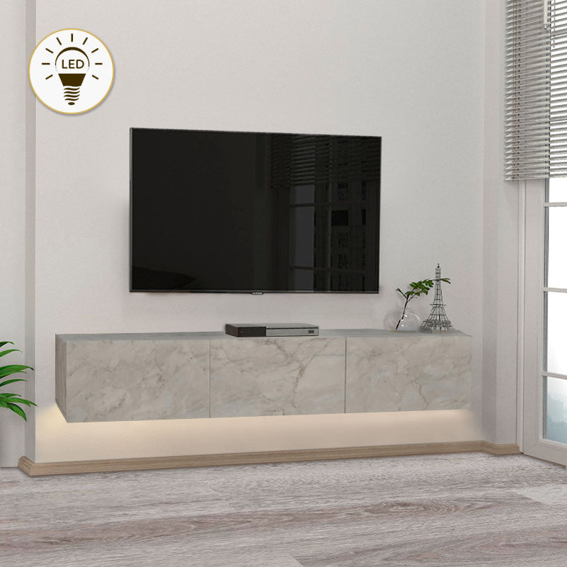 Έπιπλο τηλεόρασης επιτοίχιο Damla  με LED χρώμα λευκό εφέ μαρμάρου 180x29,5x29,5εκ. - Pakobazaar