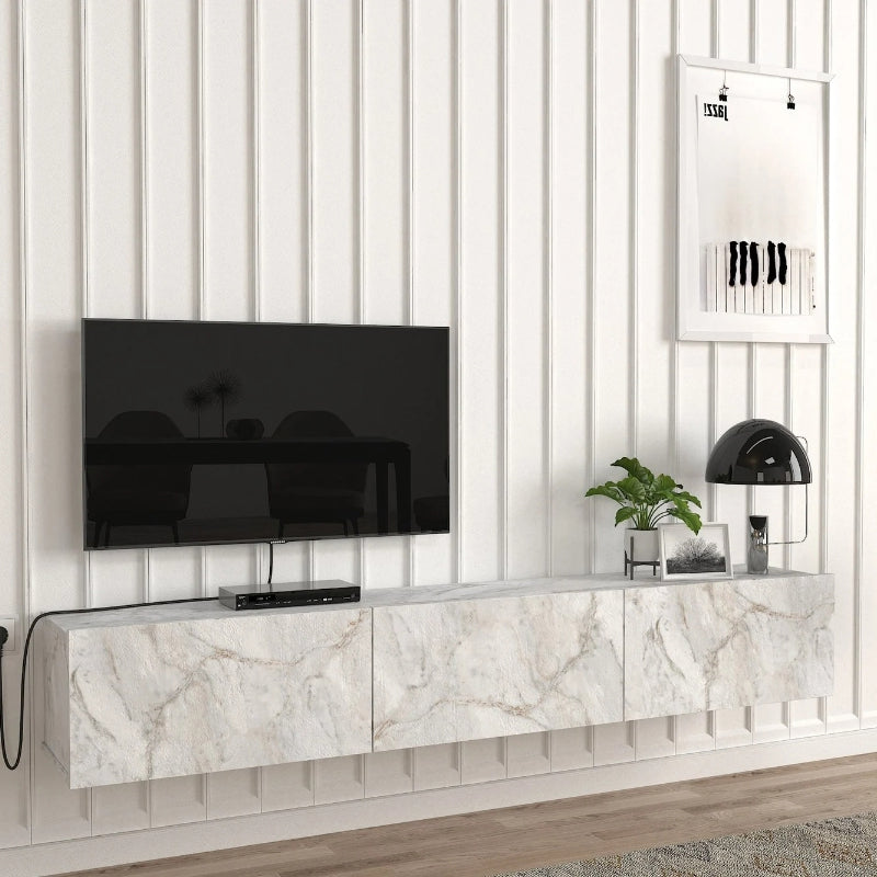 Έπιπλο τηλεόρασης επιτοίχιο Damla  με LED χρώμα λευκό εφέ μαρμάρου 180x29,5x29,5εκ. - Pakobazaar