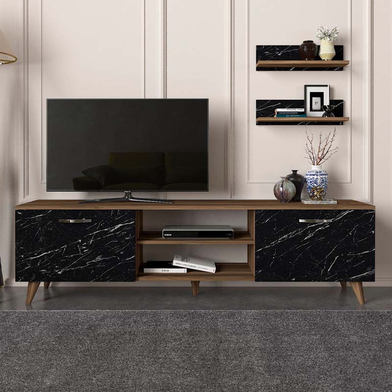 Έπιπλο τηλεόρασης Geacles  χρώμα καρυδί - μαύρο εφέ μαρμάρου 180x40x50εκ. - Pakobazaar