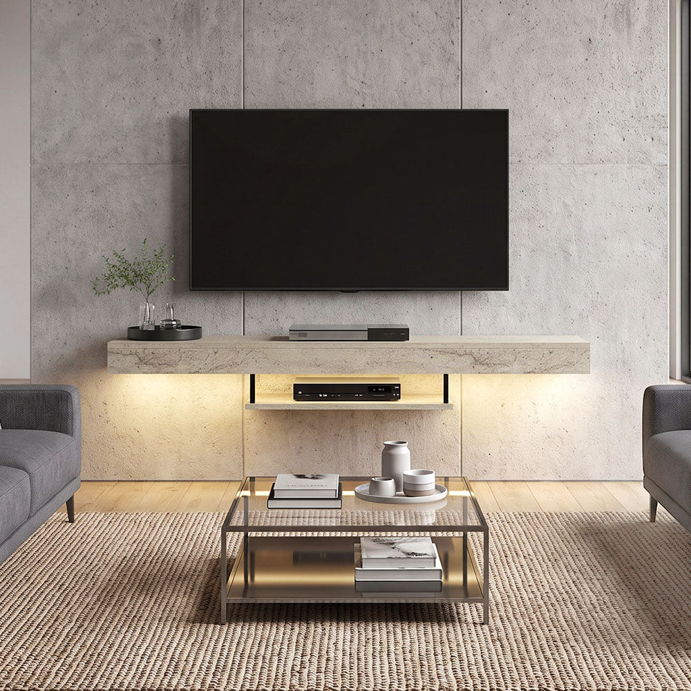 Έπιπλο τηλεόρασης επιτοίχιο Albares  με LED χρώμα travertine 150x29,6x22εκ.