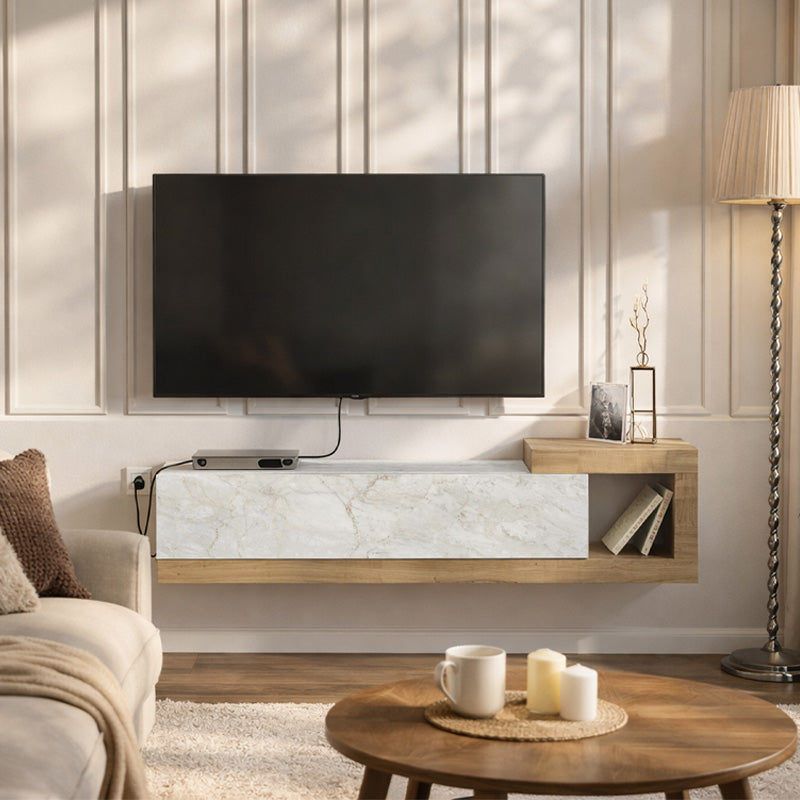 Έπιπλο τηλεόρασης επιτοίχιο Volare  χρώμα λευκό εφέ μαρμάρου - sapphire oak 150x29,6x38,6εκ.