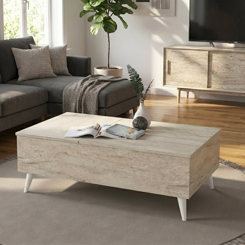 Τραπεζάκι σαλονιού Roy  με σερβιτόρο χρώμα travertine 121x69x40εκ. - Pakobazaar