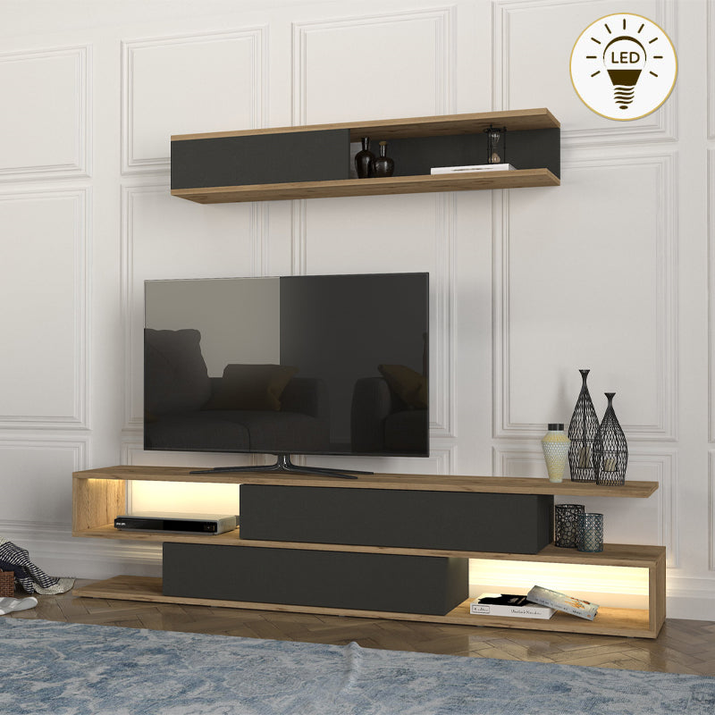 Σύνθεση τηλεόρασης Manet  με LED χρώμα sepet oak - ανθρακί 180x29,5x39εκ. - Pakobazaar