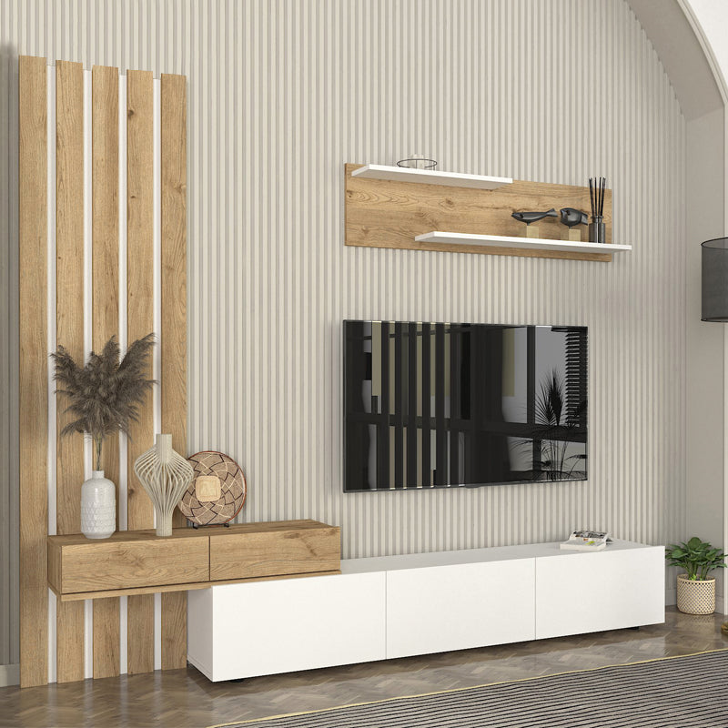 Σύνθεση τηλεόρασης Rosaline  χρώμα λευκό - sepet oak 233x31,3x196,8εκ. - Pakobazaar