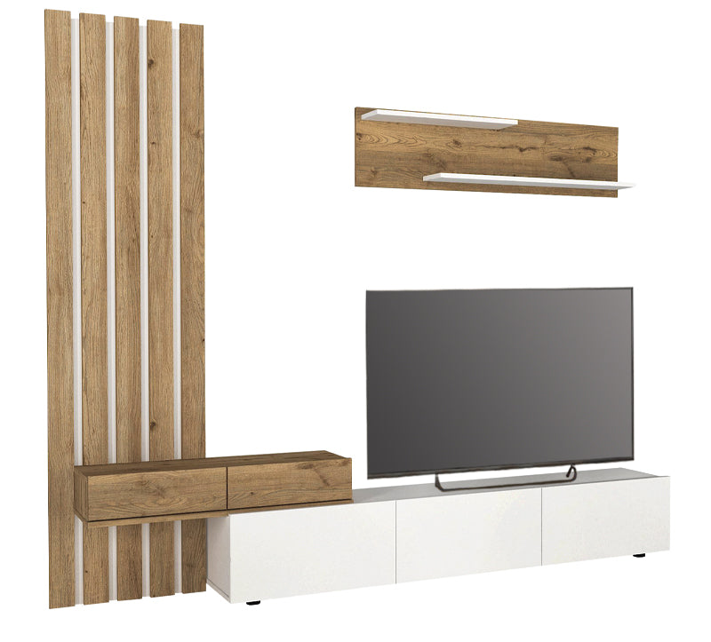 Σύνθεση τηλεόρασης Rosaline  χρώμα λευκό - sepet oak 233x31,3x196,8εκ. - Pakobazaar