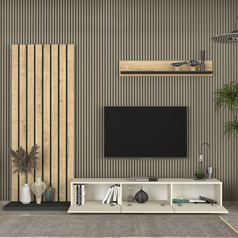 Σύνθεση τηλεόρασης Nagini  χρώμα ivory - sapphire oak - ανθρακί 260x39,4x203,6εκ.