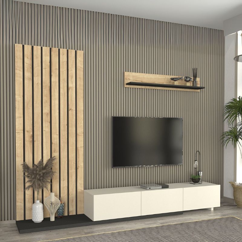 Σύνθεση τηλεόρασης Nagini  χρώμα ivory - sapphire oak - ανθρακί 260x39,4x203,6εκ.