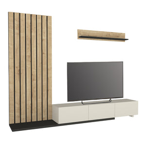 Σύνθεση τηλεόρασης Nagini  χρώμα ivory - sapphire oak - ανθρακί 260x39,4x203,6εκ.