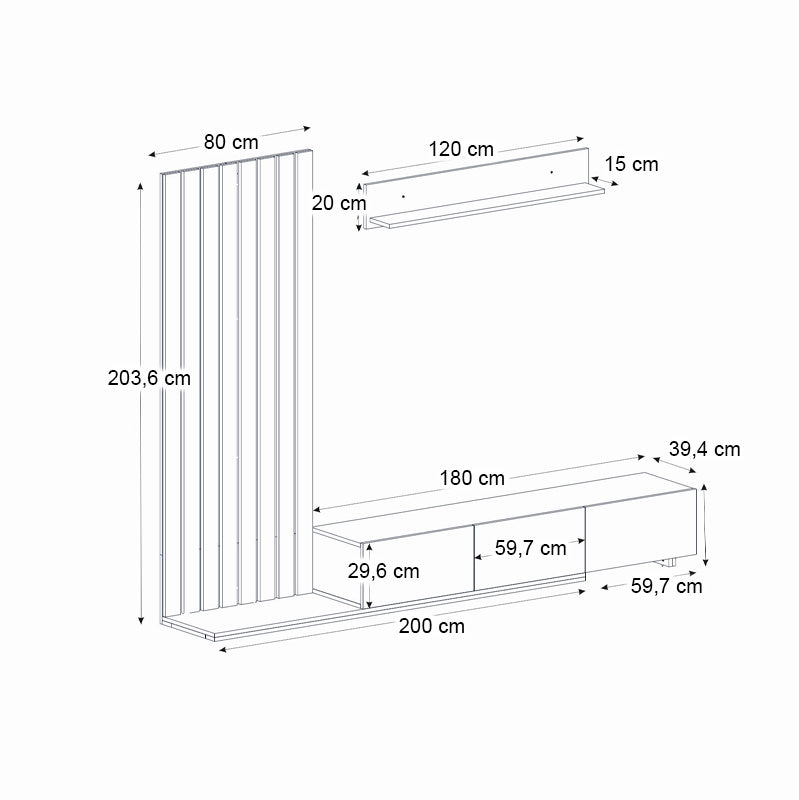 Σύνθεση τηλεόρασης Nagini  χρώμα ivory - sapphire oak - ανθρακί 260x39,4x203,6εκ.