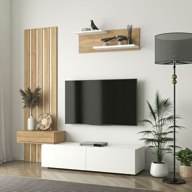 Σύνθεση τηλεόρασης Rosaline  χρώμα λευκό - sepet oak 183x31,3x196,9εκ.