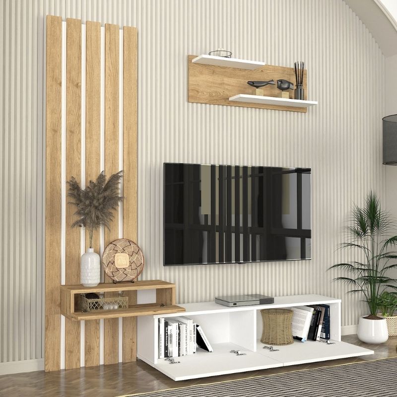 Σύνθεση τηλεόρασης Rosaline  χρώμα λευκό - sepet oak 183x31,3x196,9εκ.