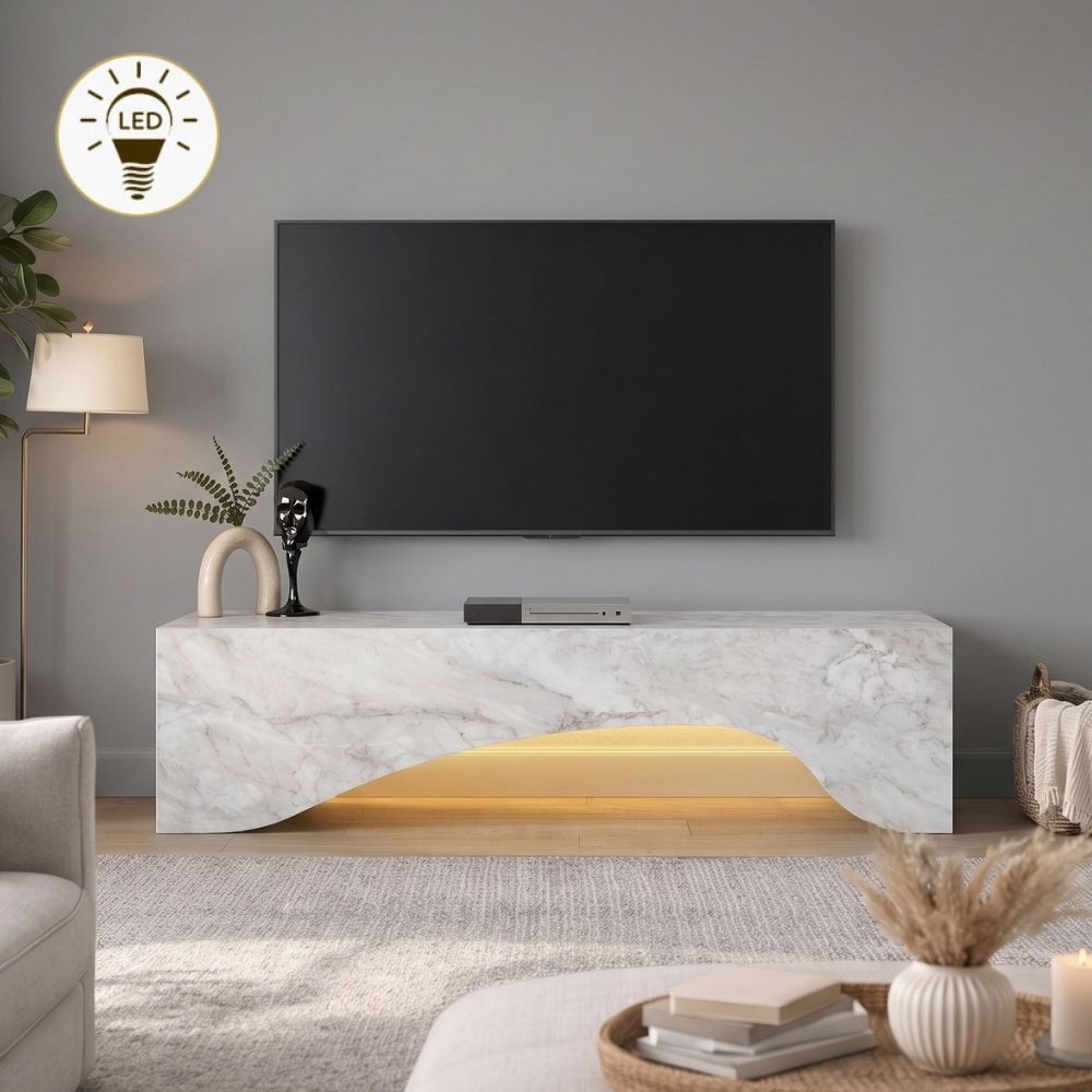 Έπιπλο τηλεόρασης Mara  με LED χρώμα λευκό εφέ μαρμάρου 150x31,4x40εκ.