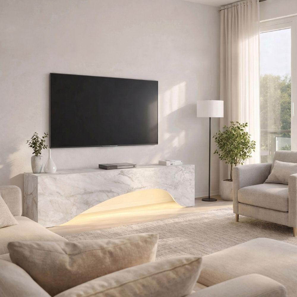 Έπιπλο τηλεόρασης Mara  με LED χρώμα λευκό εφέ μαρμάρου 150x31,4x40εκ.