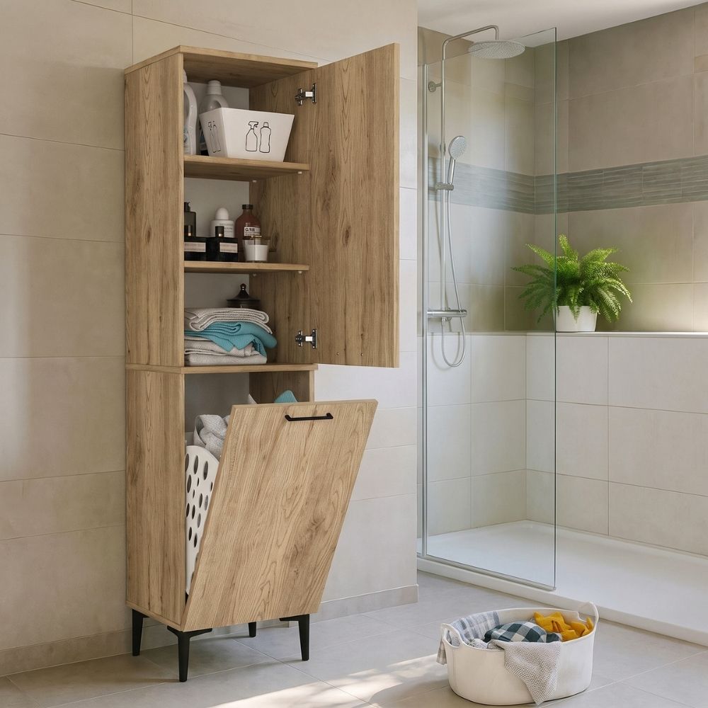 Ντουλάπι με καλάθι απλύτων Singa  χρώμα sepet oak 45x40x180εκ. - Pakobazaar