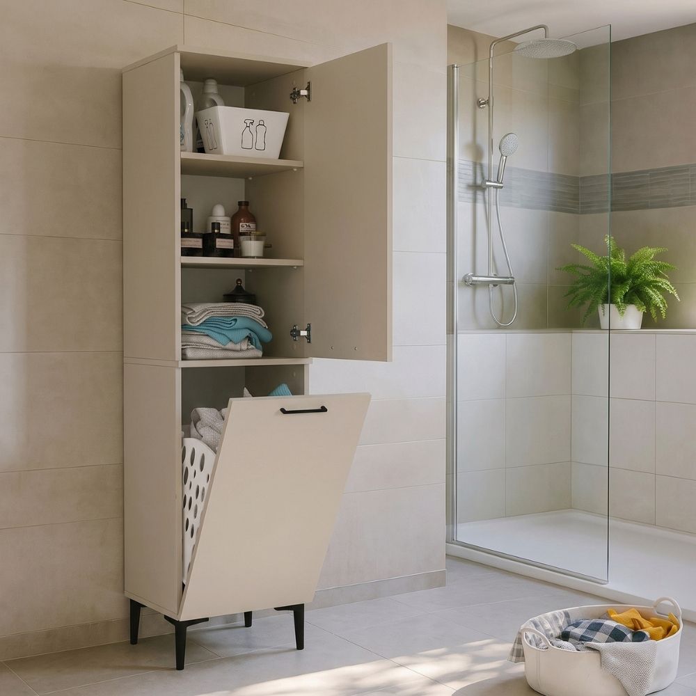 Ντουλάπι με καλάθι απλύτων Singa  χρώμα sandstone 45x40x180εκ.