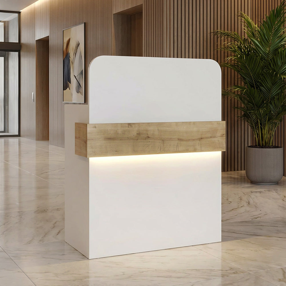 Γραφείο υποδοχής - reception Telmos  με LED χρώμα λευκό - sapphire oak 90x43,6x119,2εκ.