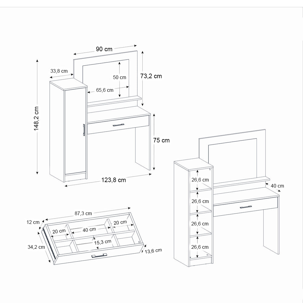 Τουαλέτα με καθρέπτη Kaunos  χρώμα λευκό 123,8x40x148,2εκ.