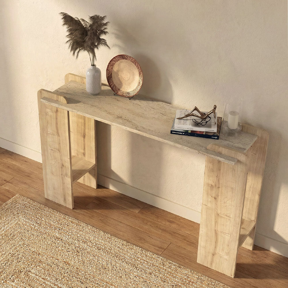 Κονσόλα Mendoza  χρώμα sapphire oak - travertine 130,8x35x76,8εκ.
