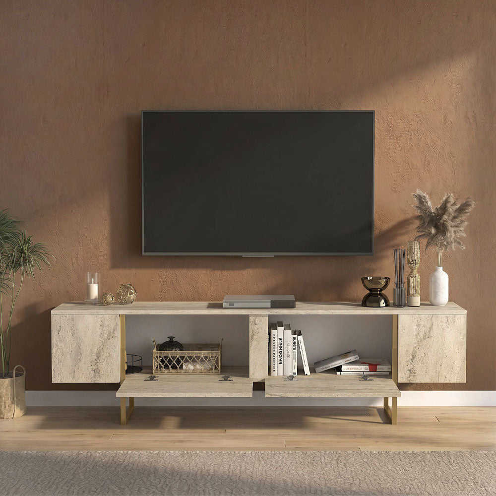 Έπιπλο τηλεόρασης Orontes  χρώμα travertine - χρυσό 180x29,6x50εκ.