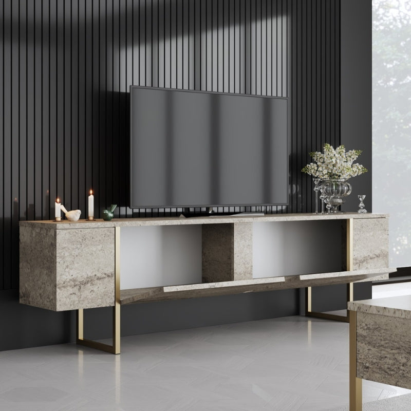Έπιπλο τηλεόρασης Luxe  χρώμα travertine - χρυσό 180x30x50εκ. - Pakobazaar