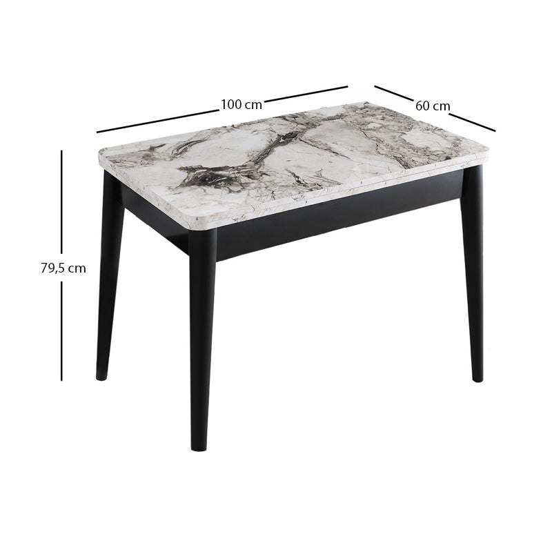 Τραπέζι Dolunay  επεκτεινόμενο χρώμα λευκό εφέ μαρμάρου - μαύρο 100x60(120x100)x79,5εκ.