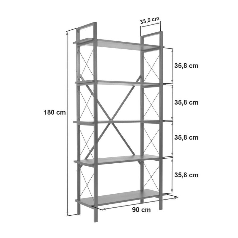 Βιβλιοθήκη Elysian  χρώμα καρυδί - μαύρο 90x33,5x180εκ.