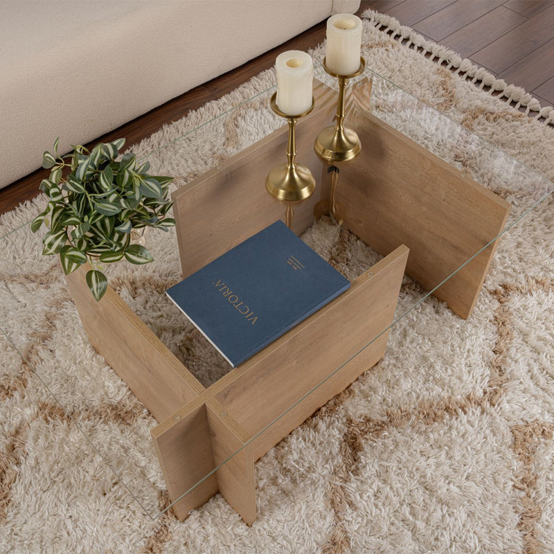 Τραπεζάκι σαλονιού Vetrino  γυάλινο χρώμα honey oak 105x65x40εκ.