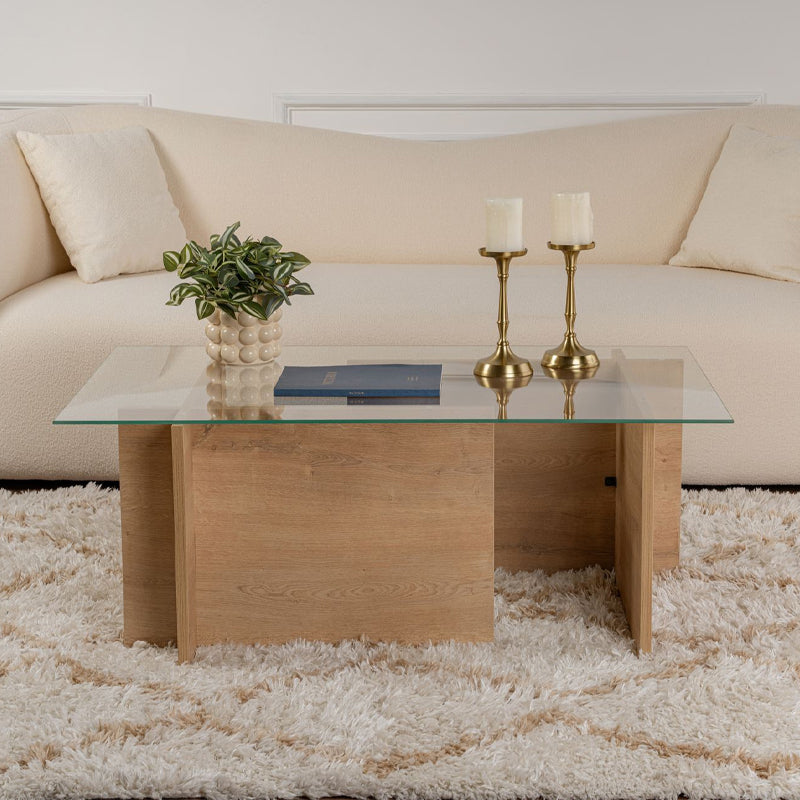 Τραπεζάκι σαλονιού Vetrino  γυάλινο χρώμα honey oak 105x65x40εκ.