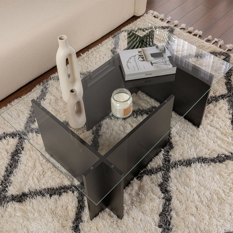 Τραπεζάκι σαλονιού Vetrino  γυάλινο χρώμα black wood 105x65x40εκ.