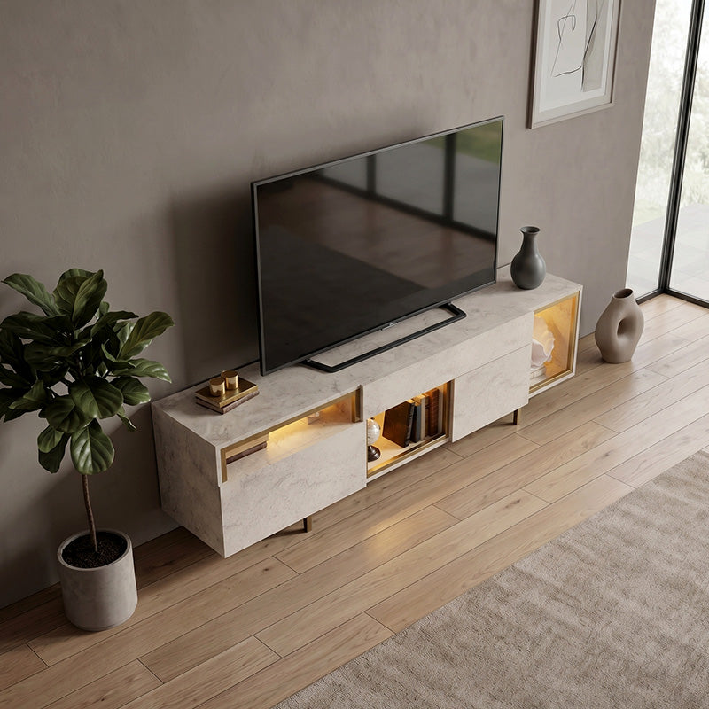 Έπιπλο τηλεόρασης Norm  με Led Rgb χρώμα travertine - χρυσό 180x32x55εκ. - Pakobazaar
