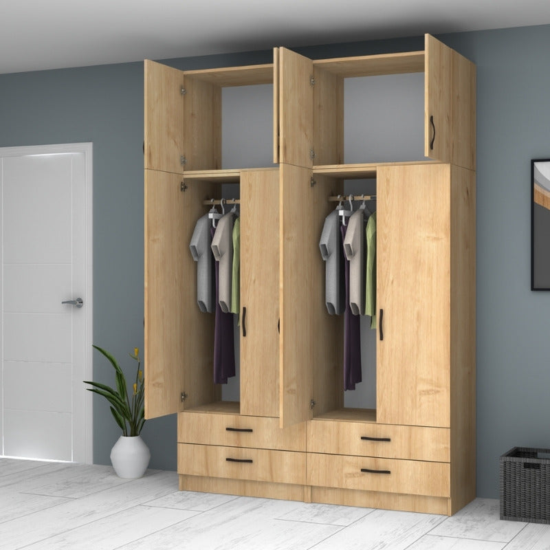 Ντουλάπα ρούχων Ricardo  τετράφυλλη με πατάρι και συρτάρια χρώμα φυσικό οξιάς 160x51,8x240εκ.