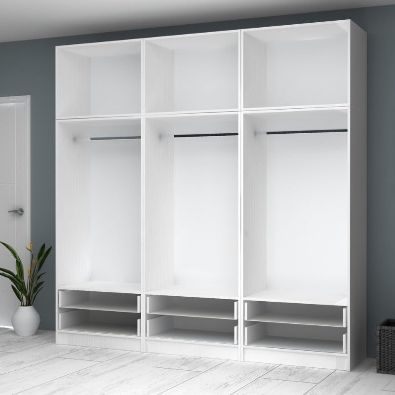 Ντουλάπα ρούχων Ricardo  εξάφυλλη με πατάρι και συρτάρια χρώμα λευκό 240x51,8x240εκ. - Pakobazaar