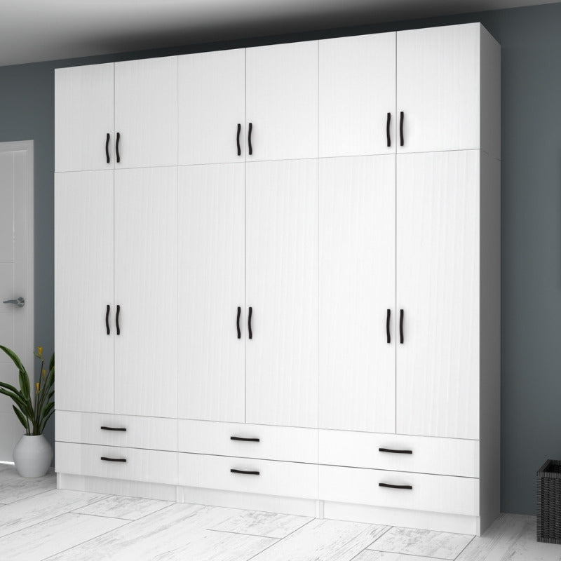 Ντουλάπα ρούχων Ricardo  εξάφυλλη με πατάρι και συρτάρια χρώμα λευκό 240x51,8x240εκ. - Pakobazaar