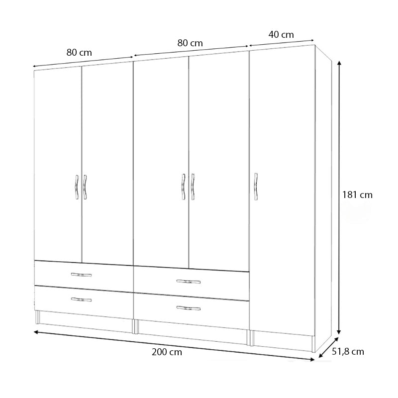 Ντουλάπα ρούχων Ricardo  πεντάφυλλη με συρτάρια χρώμα λευκό 200x51,8x181εκ. - Pakobazaar
