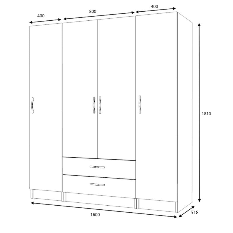 Ντουλάπα ρούχων Ricardo  τετράφυλλη με συρτάρια χρώμα ανθρακί 160x51,8x181εκ. - Pakobazaar