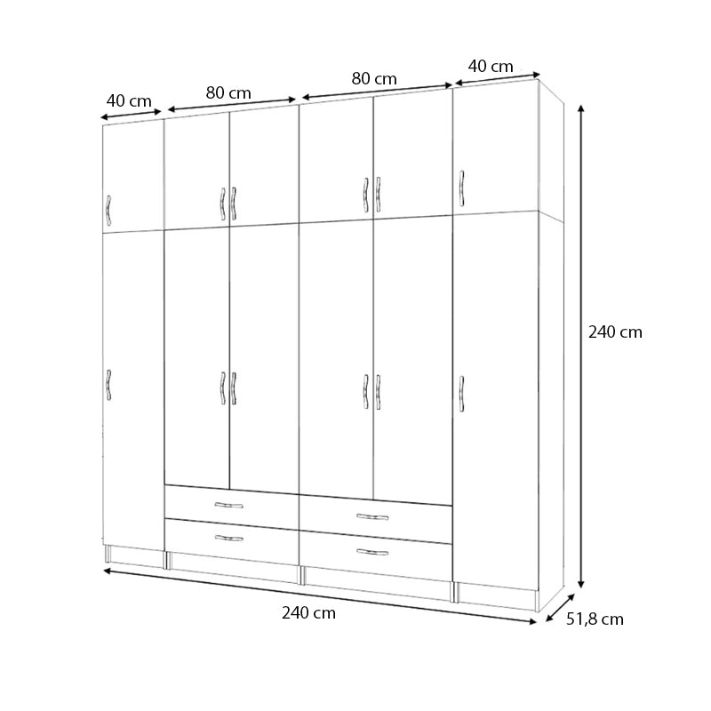 Ντουλάπα ρούχων Ricardo  εξάφυλλη με πατάρι και συρτάρια χρώμα καρυδί 240x51,8x240εκ.
