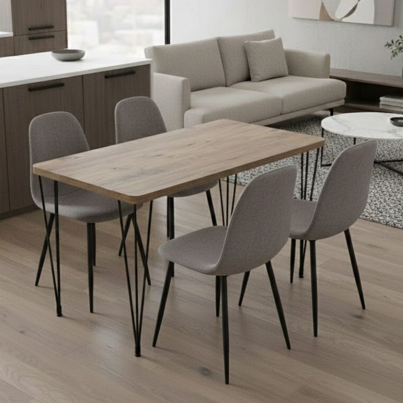 Σετ τραπεζαρία 5τμχ Roger - Iris  Mdf - ύφασμα χρώμα ακακίας - ανοιχτό μπεζ 120x70x75εκ. - Pakobazaar